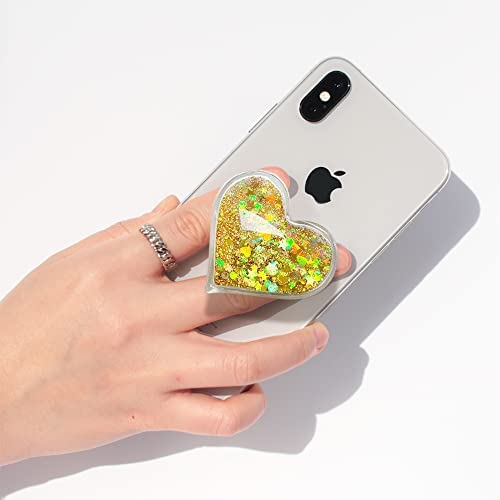 Gripong Cute Heart Shape Quicksand Glitter Expandable Collapsible Mobile Phone Grip Stand Holder For Smartphone Tablet Cell Phone Accessory (Gold Sparkle Quicksand) #TOP1