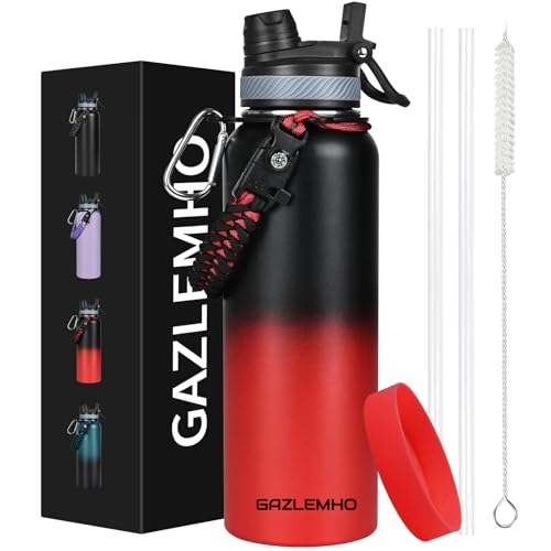 Image of GAZLEMHO 40 oz Insulated Water Bottle with Straw& Spout 2-in-1 Lid, Triple Wall Vacuum Stainless Steel Cold 48H, Leak Proof Sports Metal Flask Jug with Paracord Handle, Black Red