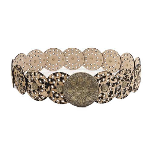 Women Boho Disc Belt Vintage Leopard Print Round Wide Leather Concho Waist Belt 90s Western Waistband for Dress Jeans Pants Blouse Tshirt