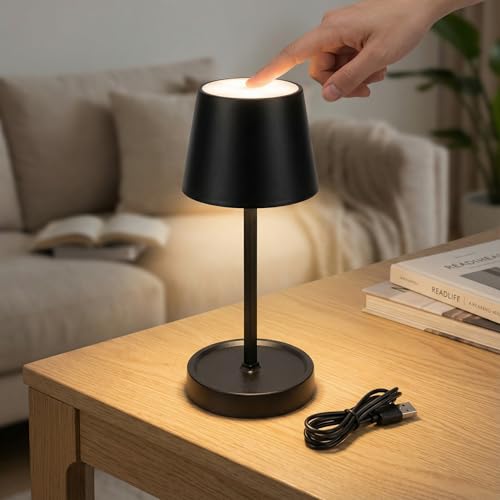 kabellose LED-Tischlampe LED Akku-Tischleuchte mit Touch-Schalter, dimmbar kabellos tragbar, Leselampe Nachttischlampe für Wohnzimmer, Schlafzimmer, Schreibtisch, Lesen - Schwarz - Kunststoff - 26 cm