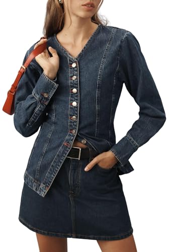 Women's Collarless Denim Jacket Long Sleeve Button Down V-Neck Slim Fit Jean Jacket Denim Top
