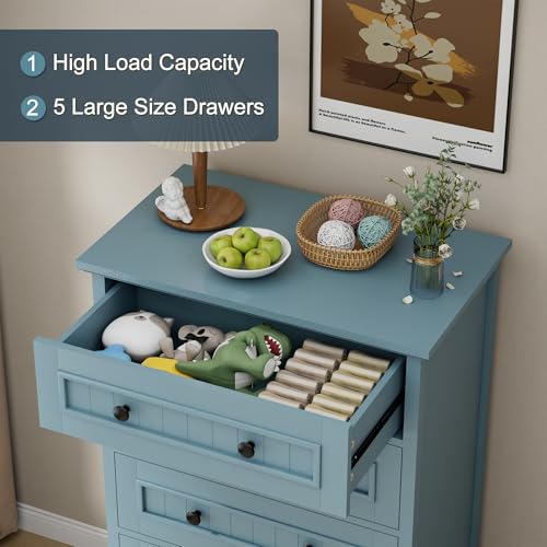 Image of 42.7'' Tall 5 Drawer Dresser for Bedroom, Vintage Blue Wood Storage Chest | Farmhouse Dresser for Closet, Wood Storage Cabinet, Antique Roman Column Legs, Painted Finish, Easy Assembly, Anti Tipping