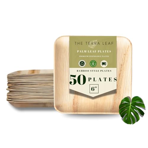 The Terra Leaf Compostable Palm Leaf Plates | 6 Inch Square Disposable Snack & Tasting Plates, Eco-Friendly & Leak-Proof, 50 Pack Natural Areca Palm for Charcuterie, Tastings & Kids