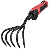 YUSIGOER Stainless Steel Garden Rake and Hand Cultivator for Heavy-Duty Soil Loosening, Planting, and Weed Removal - Ideal for Men and Women - Red Handle