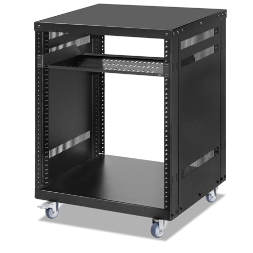 12U Rack with Caster Wheels, Heavy-Duty AV Rack with Adjustable Steel Shelf, Open Frame Server Rack for IT, AV, Data & Computer Equipment, 500lb Capacity, 19.7" W x 17.7" D x 26.8" H