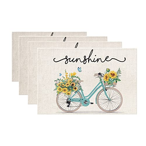 ARKENY Summer Bike Sunflowe Butterfly Sunshine Placemats 12x18 Inches Set of 4Seasonal Burlap Farmhouse Indoor Kitchen Dining