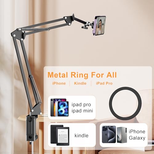 Image of Gooseneck Bed Phone Holder for Magsafe iPhone Stand, Desk Magnetic Phone Arm Mount with Clamp, Adjustable Bedside Laying Down Tablet Mount Compatible with Kindle iPhone 15 14 13 12