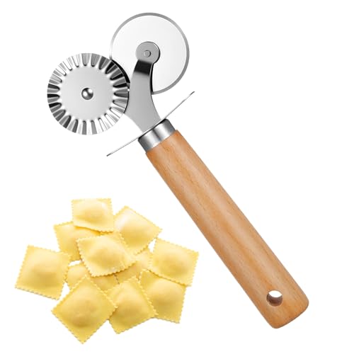 Oruola Double Pasta Cutter Wheel,Double-Blade Pastry Wheel Cutter,Stainless Steel Pasta Cutters with Wooden Handle for Pizza, Ravioli,and Cookie Dough