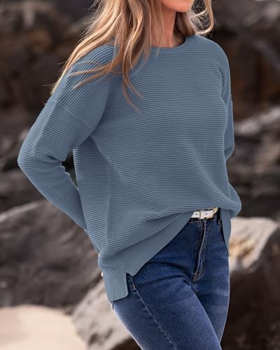 BTFBM Fall Sweaters for Women 2025 Casual Long Sleeve Sweater Striped Loose Fit Pullover Tops