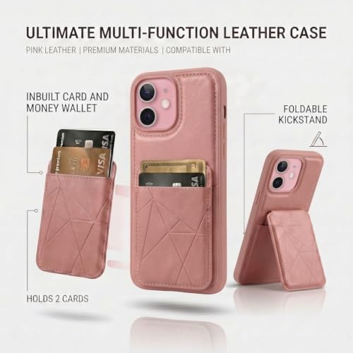 Image of amazon basics Premium Vegan Leather Back Cover with Card Holder and Integrated Mobile Stand for iPhone 16 - Slim Shockproof Wallet Case with Geometric Stitching [Pink]