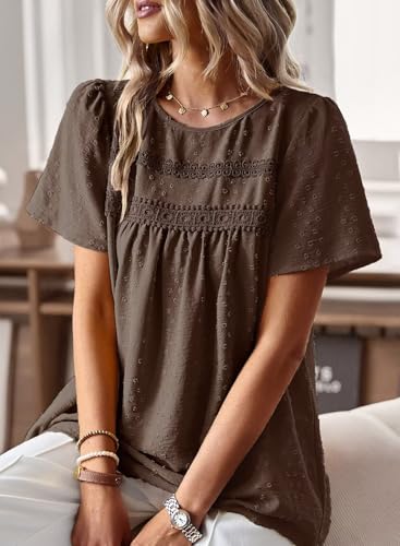Image of Falechay Womens Summer Tops Crewneck Short Sleeve Shirts Casual Chiffon Blouses Flowy Lace Hem Boho Clothing Trendy 2026
