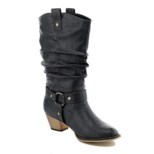 Women's Mid Calf Cowboy Boots Distressed Slouchy O-Ring Studded Pull on Block Heel Riding Boots