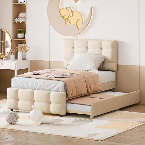 BTM Lit Capitonné 90x200 cm, d'enfant Extensible, Tête de Lit Réglable, Garniture en Lin Hypoallergénique, Simple Plat pour Enfants-Adolescents-Réception (Beige)