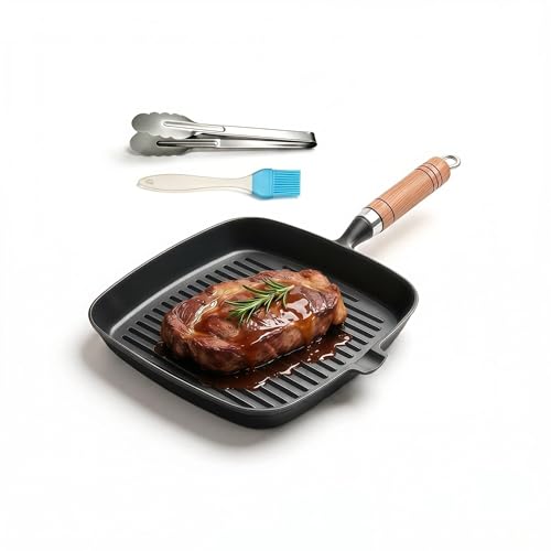 JSY Sun Cast Iron Grill Pan, 8.6' Griddle Pan Skillet with Pour Spout for Searing Steak