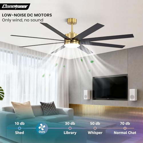 Image of 72 Inch Ceiling Fans with Lights and Remote, Dual Color 8 Blades, Living Room Office Library Cafe Indoor Outdoor Industrial, 3CCT Dimmable, 6 Speed Reversible Quiet DC Motor, Gold /Wood Grain