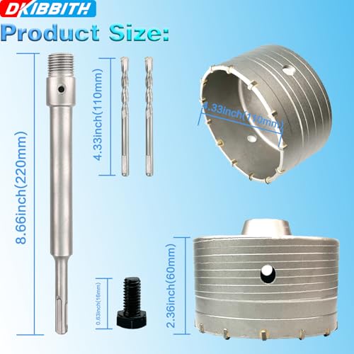 Image of 4-1 /4 inch Concrete Hole Saw, 110mm Tungsten Steel Core Bit for Cinder Block, Brick, Rock, Plank Walls for Pipes or mini Split Lines, with SDS Plus Shank and 2 Center Positioning Drill Bits.