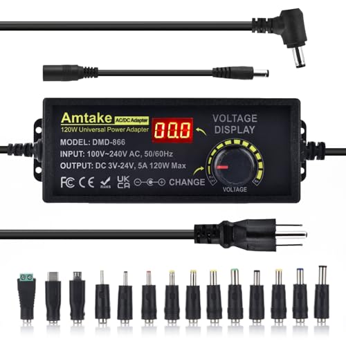 ユニバーサル電源 調節可能なAC - DC 3V ~ 24V 可変スイッチングAC/DCアダプター 5A 120W LED電圧ディスプレイ付き 5.5 x 2.5mm 家庭用電子機器、DCモーター用14チップ。（Amazon）