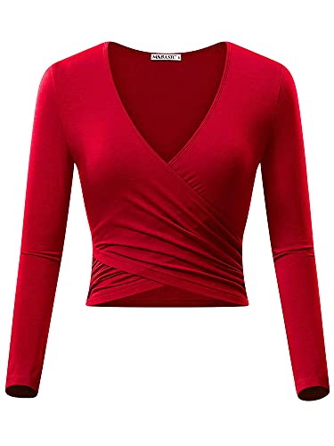 MSBASIC Crop Top T-shirt cropped pour femme avec col en V, Rouge à manches longues., S Cover