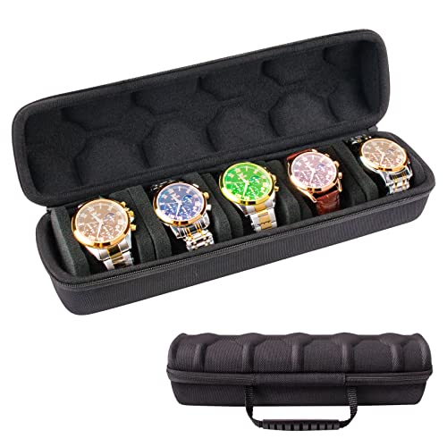 Cuuontrie Watch Travel Cases, Watch Roll, watch box for men, Black 5 Slot Watch Roll Travel Case Organizer&Display, Travel Watch Cases For Men and Women