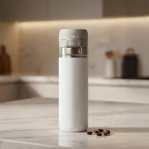 Image of HomeEssentials Insulated Stainless Steel Travel Mug, 800ml - Leakproof Vacuum Flask with One-Touch Lid, Double Wall Thermal Bottle Keeps Coffee & Tea Hot or Cold, Sleek White Design