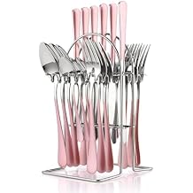 Silverware Set, 24 Piece Cutlery Set, Stainless Steel Flatware Set with Stand, Knife Fork Spoon Hanging Flatware Set for 6 Person, Mirror Polished Tableware Set Pink Silver