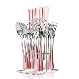 FTNESGYM 24 Pieces Silverware Set, Stainless Steel Cutlery Set with Holder, Flatware Set for 6 Person Tableware Set Includes Dinner Knives Forks Spoons Teaspoons, Mirror Polished (Pink)