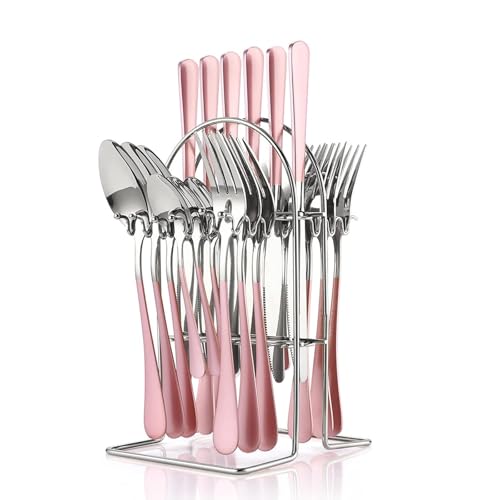 FTNESGYM 24 Pieces Silverware Set, Stainless Steel Cutlery Set with Holder, Flatware Set for 6 Person Tableware Set Includes Dinner Knives Forks Spoons Teaspoons, Mirror Polished (Pink)