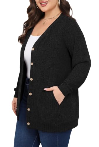 Lastshe Women's Plus Size Cardigan Sweaters Button Down Long Sleeve Fall Cardigans Knit Outwear with Pockets — view 4