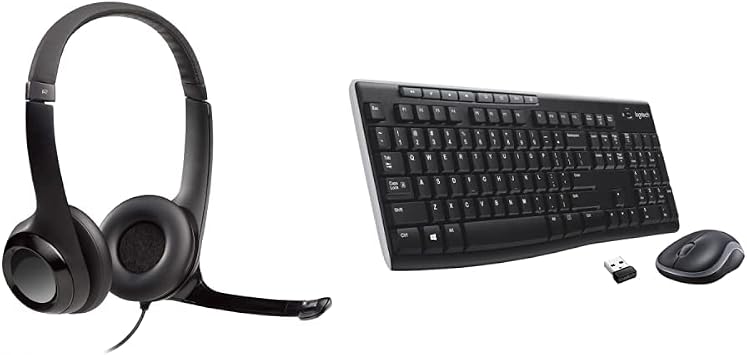 Logitech H390 Wired Headset, Stereo Headphones - Black & MK270 Wireless Keyboard and Mouse Combo for Windows, 2.4 GHz Wireless, Compact Mouse, 8 Multimedia and Shortcut Keys - Black