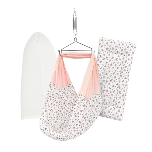Image of Premium Cradle Set | Cradle Cloth, Padded Bed, Mosquito Net, Heavy-Duty Spring & Triangle Hanger | Hanging Set - Emily Peach