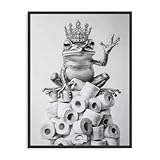 Dazzlewall Decoración de Pared Baño Rana Divertida, Póster de Rey Rana con Corona Fantasista Negro y Blanco en Papel Higiénico para Baño 30×40 cm Sin Marco