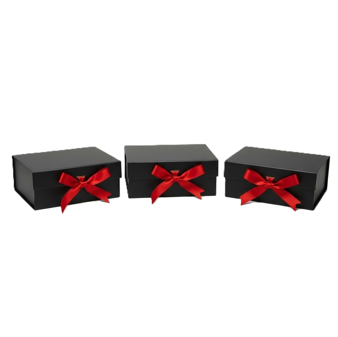 Awestuffs Premium Black Gift Boxes with Red Ribbon, Decorative Gift Packaging Boxes (23 x 16 x 10 cm) for Hampers, Return Gifts, Weddings, Birthdays & Corporate Gifts (Pack of 3)