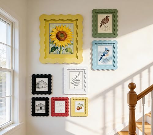 ScandiNest Scalloped 6x6 Picture Frame, Real Glass Wood Frame with Reversible Mat for 4x4 Print, Wavy Edge for Wall or Tabletop, Decorative Photo Frame, Green by ScandiNest - Used condition - Image 2