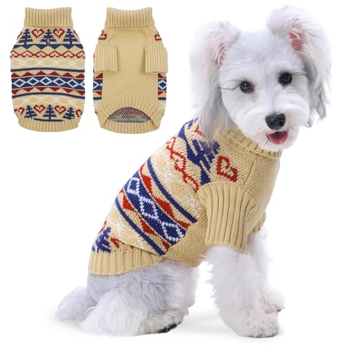 PUMYPOREITY Dog Holiday Sweater, Cozy Winter Pullover, Elastic Fit, High Neck, Christmas Theme for Small Medium Dogs, L, Khaki