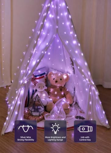 Image of Brightown 300 LED Fairy Curtain Lights, 9.8ft x 9.8ft Curtain String Lights | Purple USB Plug in 8 Lighting Modes Halloween String Hanging Lights with Remote for Bedroom Indoor Outdoor Party Xmas