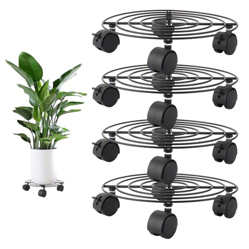 LDXDRU 4 Stück Pflanzenroller Rund, 27x5CM Blumenroller Outdoor Wetterfest, Pflanzen Untersetzer mit Rollen, Pflanzenroller Außenbereich 360 °, Rollbrett Pflanzen für Blumentopf Tragkraft 40 kg