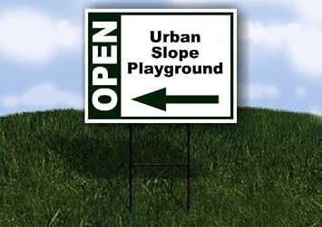 Urban Slope Playground Open Left Arrow Green Single Sided 18x24 in Yard Road Sign w/Stand