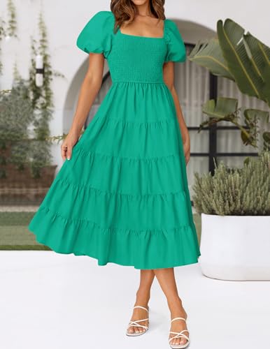 Image of ZESICA Women's 2026 Summer Puff Sleeve Midi Dress 2026 Boho Solid High Waist Flowy Beach Wedding Guest Long Dresses