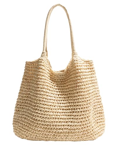 Micmores Strandtasche Strohtasche Damen – Elegante Handtasche Damen Boho Umhängetasche Tote Bag groß Shopper Tasche Geflochtene Taschen Korbtasche für Urlaub Reisen Strand Sommer (Beige)