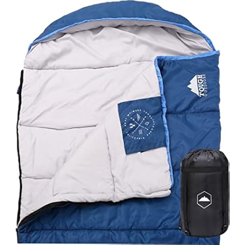 All Season XL Hooded Sleeping Bag with Compression Sack - Perfect for Camping, Backpacking, Hiking. Temperature Range 32-60°F. Fits Adults up to 6'6. Tough Ripstop Waterproof Shell & High-Loft Fill Cover
