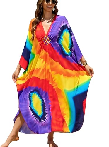 Image of IMAGEKOPE Women's Plus Size Animal Print V-Neck Batwing Kaftan Beach Dress Bathing Suit Cover-Up Loungewear