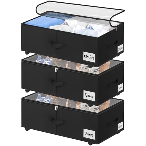 Image of Under Bed Storage with Wheels, 3-Pack 10 inch Height XXL 75L Rolling Storage Bins, Quick Assembly Underbed Shoe Storage Containers with Clear Lid & Label, Dorm Under Bed Drawers for Clothes, Shoes, Black