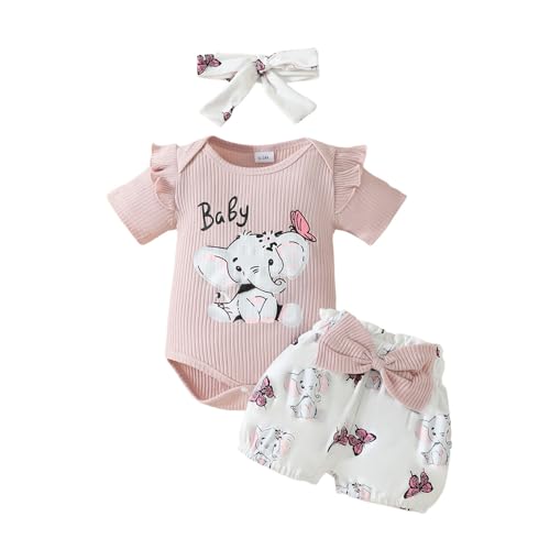 Raopuzi Conjunto Bebe Verano, Ropa Recién Nacido Niña de Pundo, Traje con Volante Y Estampado de Elefante, Body de Manga Corta,Pantalones Cortos Lazo Diadema 3 Piezas para Bebés Niñas 0 18 Meses