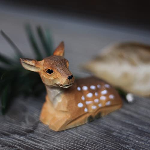 Hand Carved Wooden Sika Deer Figurine, Forest Reindeer Hand-Painted Wood Carving for Indoor Decorations