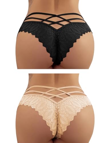 Image of FULLJOYLOVE Women's Sexy Lace Mesh Hollow Panties Seamless Knickers Ladies Stretchy Low Rise Bikini Briefs Hipster Lace Underwear for Female Black Beige 2Pack