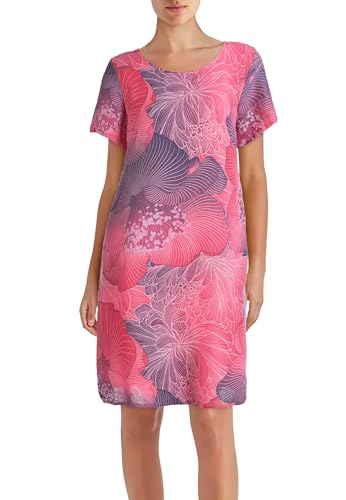PEKIVESSA Leinenkleid mit kurzen Ärmeln Knielang Blumenmuster Pink 38 (M)