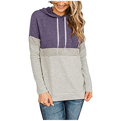PBNBP Women's Color Block Pullover Hoodies with Pockets Athletic Sweatshirts Drawstring Hooded Tops Long Sleeve Casual Blouse A09_purple Large