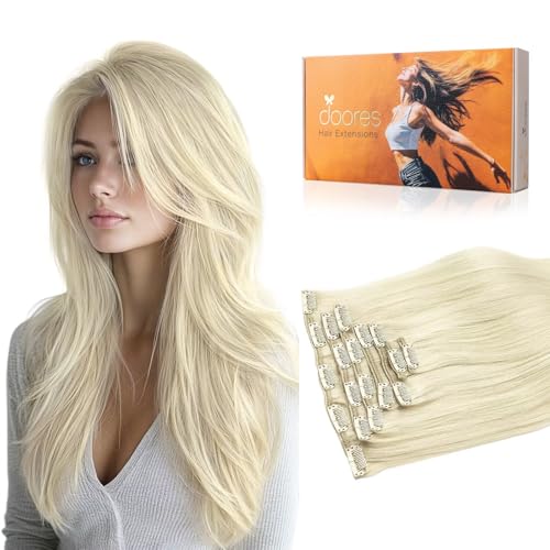 Image of DOORES Hair Extensions Real Human Hair Clip in, Platinum Blonde 18 Inch 135g 7pcs, Remy Extensions Clip ins Silky Straight Thick for Women