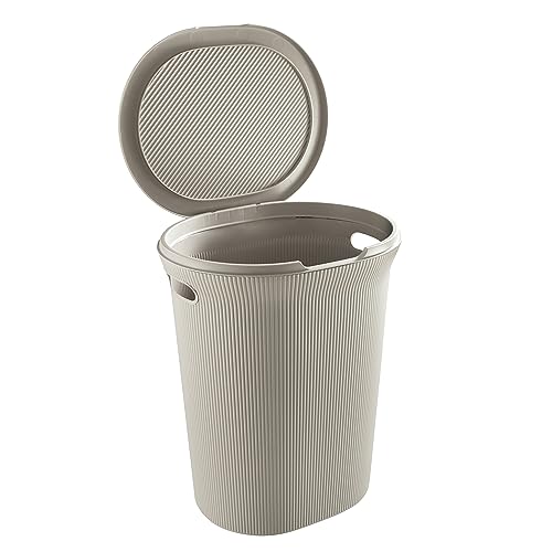 Image of Superio Ribbed Collection - Decorative Plastic Laundry Hamper with Lid and Cut-Out Handles, Taupe (2 Pack) Basket Organzier for Bedroom Bathroom College Dorm Room 40 Liter