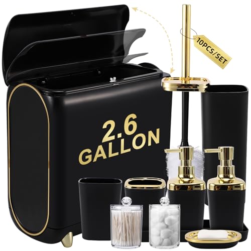 XLHOMO Bathroom Accessories Set, 10 Pieces Black and Gold Bathroom Set, Bathroom Accessory Set with Slim Trash Can,Soap Dispenser,Toilet Brush,Toothbrush Set, Qtip Holders for Housewarming